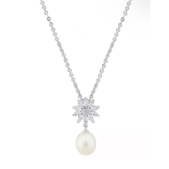 Sterling Silver Pearl (10mm) Starburst Pendant Necklace Luxury Fashion Style NEW - Picture 2 of 16